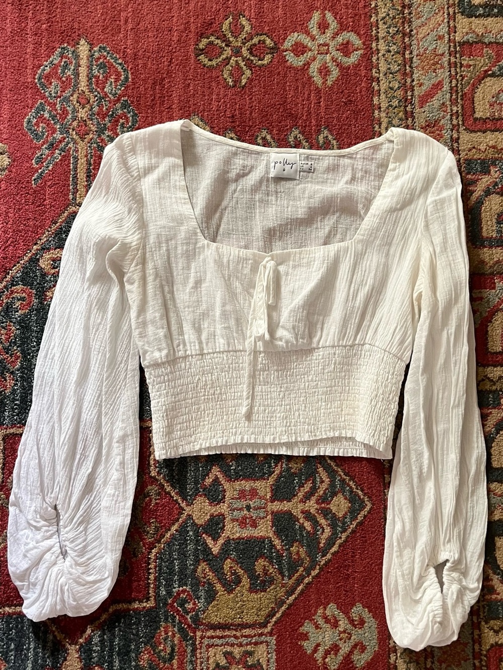 Princess Polly White Smocked Tie-Front Long Sleeve Crop Top